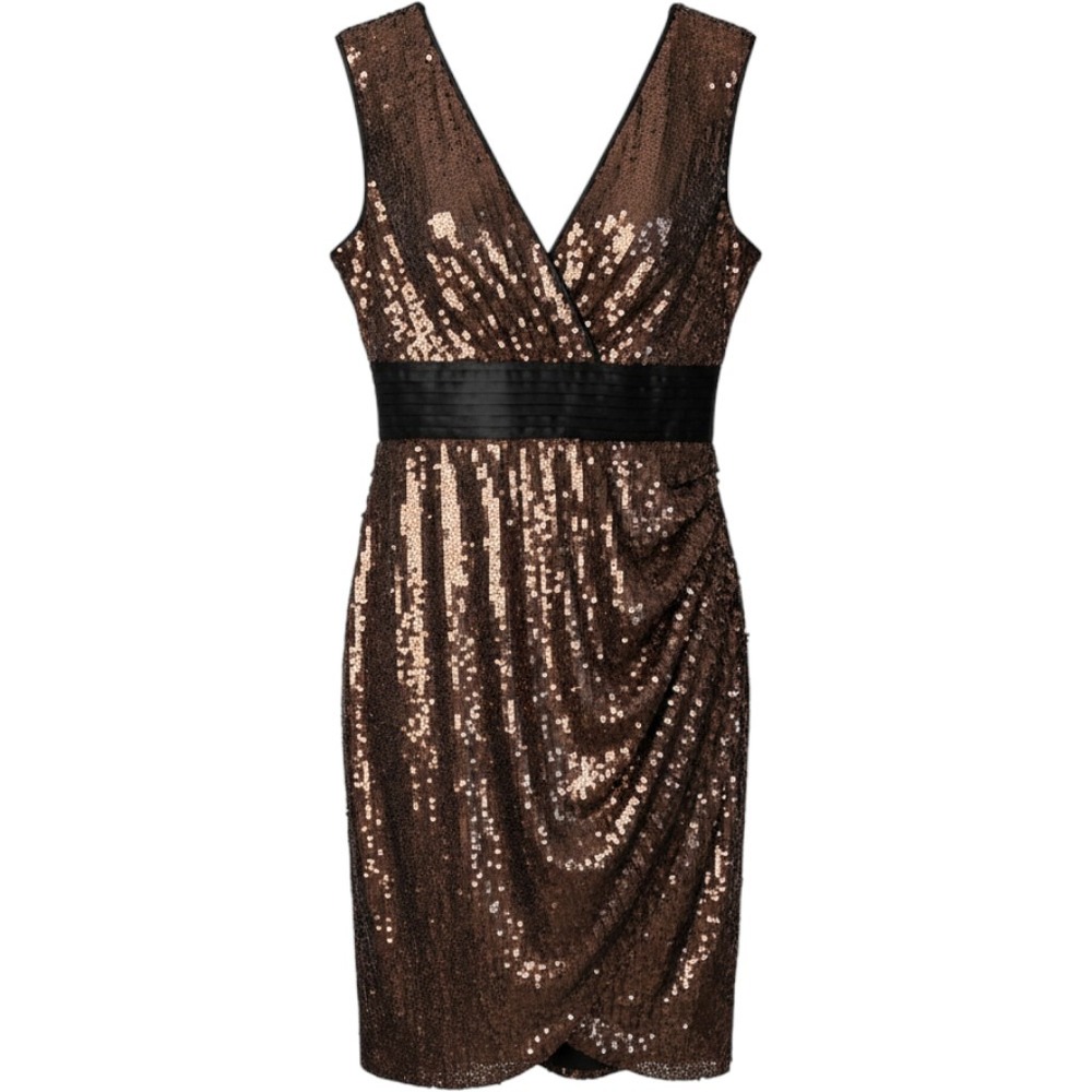 BCBGMAXAZRIA Sequin Dress M Brown Bronze Silk Bow Glam Event HOCO Prom READ